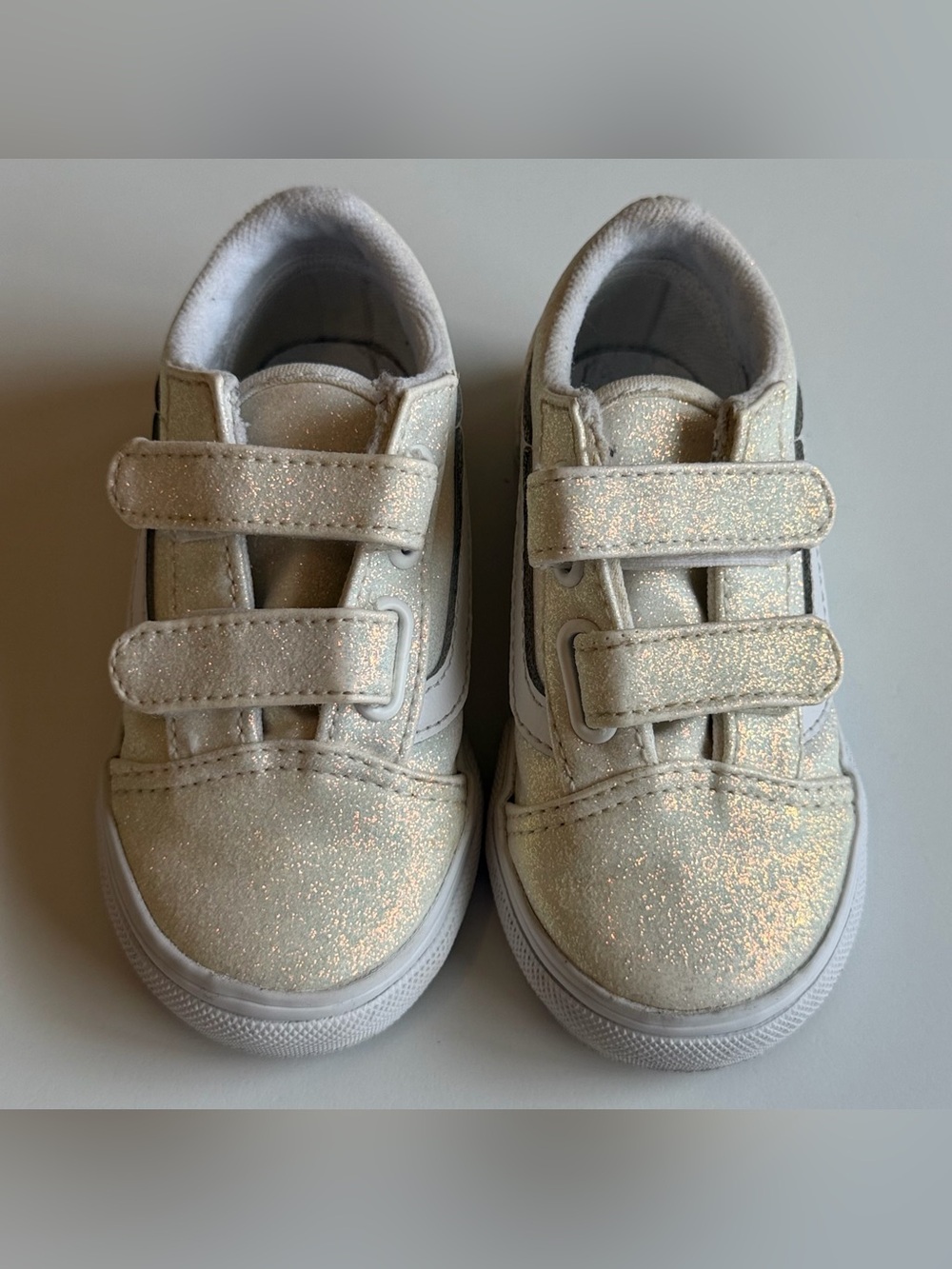 Vans Old Skool V White Iridescent Glitter Shoes Toddler Size 7 Hook & Loop - Picture 2 of 7
